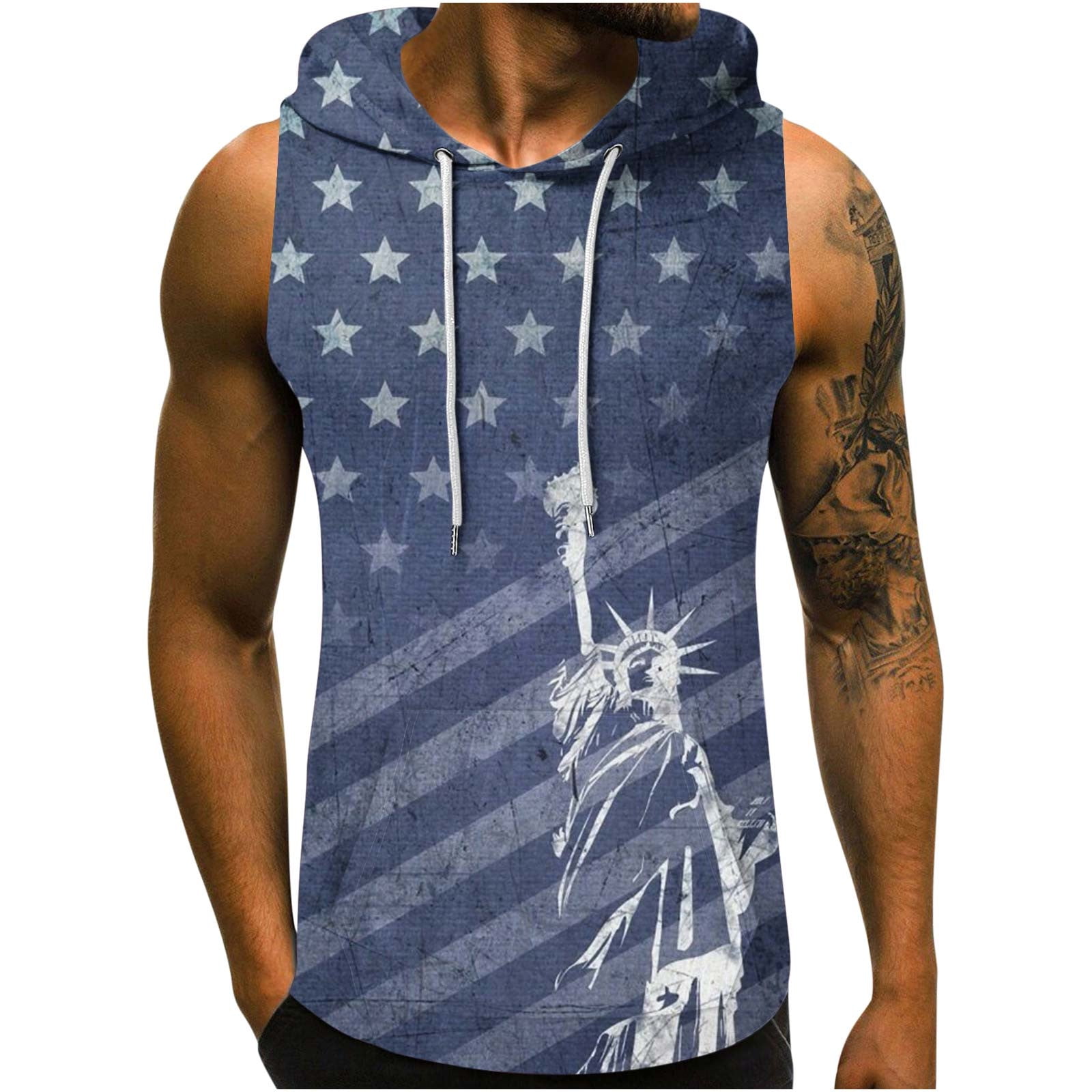 lcziwo Men's Patriotic Workout Hooded Tank Tops 4th of July Flag