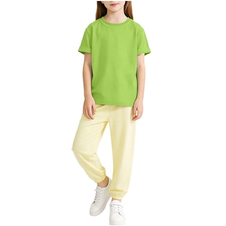 2 Piece Summer Set For Boys Girls Crew Neck Short Sleeve Basic Tees Elastic Waist Tapered Pants Casual Loose Outfits (7-8 Years Green)