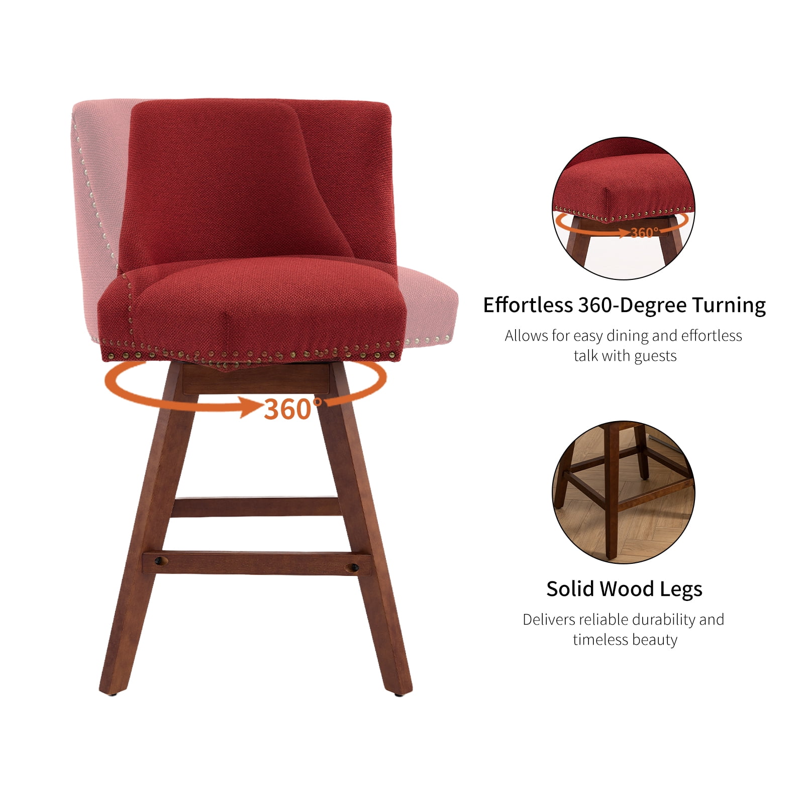 Modern Swivel Bar Stools Set of 6, Wine Red Counter Height Bar Stools with Back for Kitchen Island, Fabric Upholstered Island Chairs with Wood Legs, Barstool Chairs, Sillas para Barra de Cocina