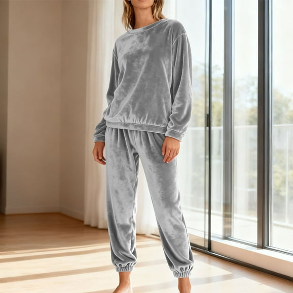 Censtreet Women's Winter Pajama Set, Flannel Basic Pajamas, Long Sleeve Round Neck Top and Elastic Waist Pants