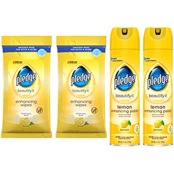 Pledge Multi-Surface Cleaner Spray And Wipes, Works On Leather, Granite, Wood, And More, Bundle, Lemon (2 Count Of 9.7 Oz Cans, And 2 Pack Of 24 Wipes)