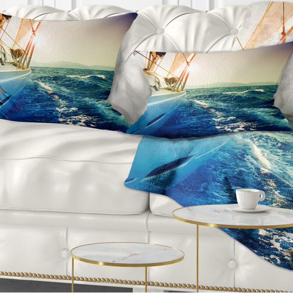 Designart Yacht Sailing in Wavy Waters - Seashore Throw Pillow - 12x20