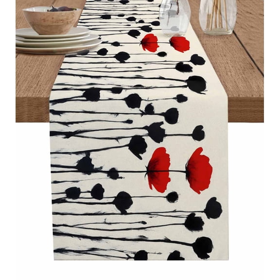 Farmhouse Flowers Table Runner 36 Inches, Spring Red Black Floral Herbs Plants Bed Runner Dresser Scarves Tabletop for Indoor Outdoor Parties/Ceremony/Banquet, 13"x 36"