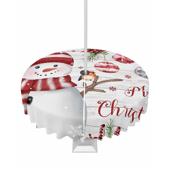 Fsddascl Red Snowman Christmas Outdoor Tablecloth - 60 Inch Round Dining Table Cover, Xmas Botanical Balls Snowflake Vintage Waterproof Outdoor Table Cloth with Umbrella Hole & Zipper for Patio