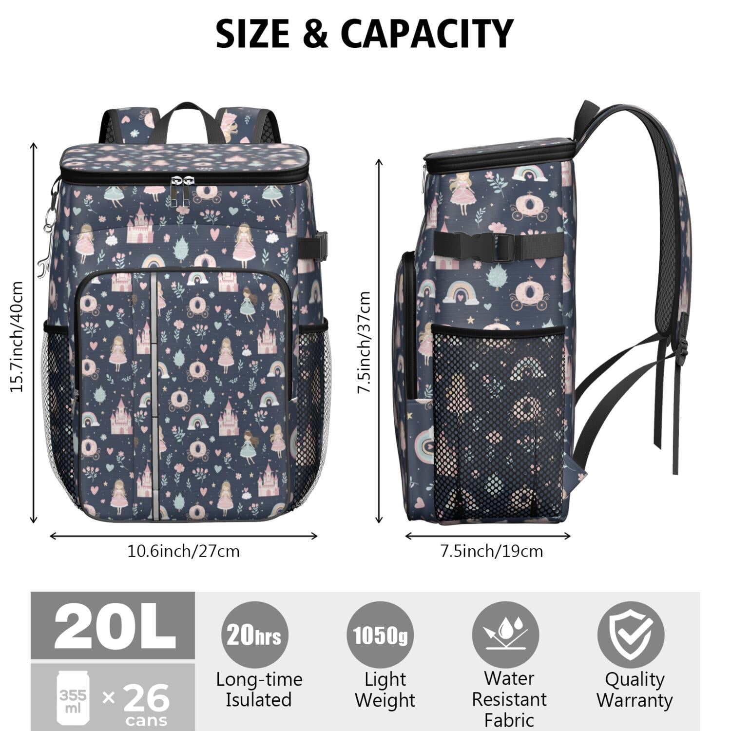 Travel Cooler Bag - Navy Princess Castle Pattern Camping Beer Cooler Backpack with Bottle Opener- Waterproof Insulated Picnic Backpacks - Cooler Bag for Beach