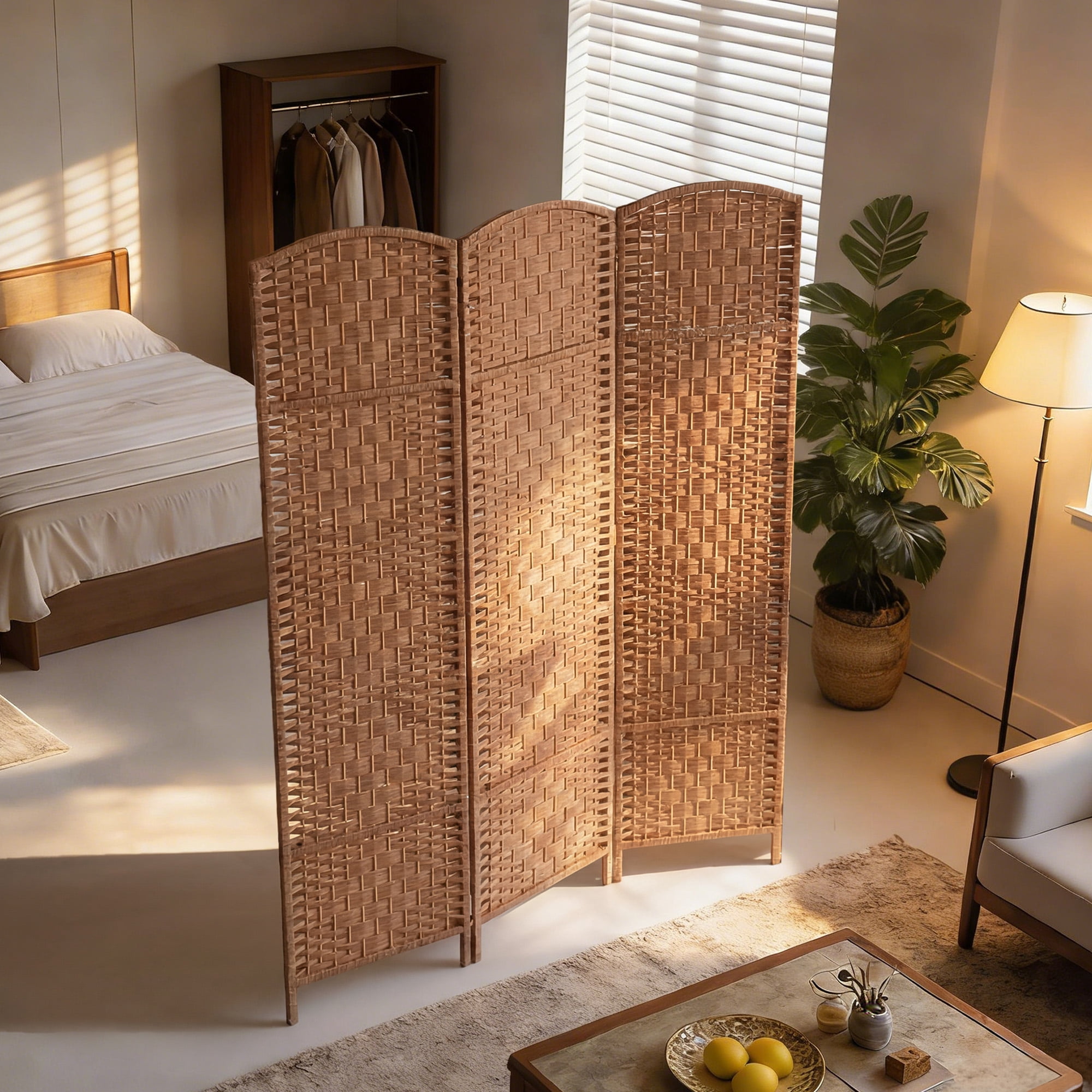 3 Panel Resin Wicker Folding Room Divider Privacy Screen Home Office Natural
