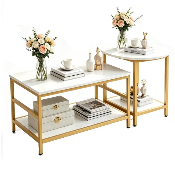 Coffee Tables Set of 2 – Coffee Table with Storage Shelves, Faux Marble Top & Gold Frame, Living Room Table Set