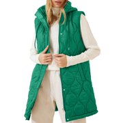 Annhoo Womens Sleeveless Long Jacket Zipper Button High Neck Hooded Puffer Coat Winter Warm Quilted Jackets Outerwear