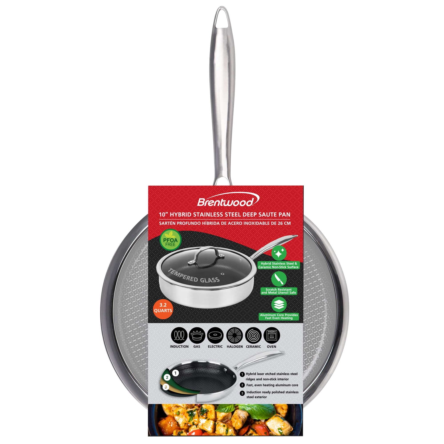 Brentwood 10-In. 3.2-Qt. 3-Ply Hybrid Non-Stick Stainless Steel Deep Sauté Pan with Tempered Glass Lid