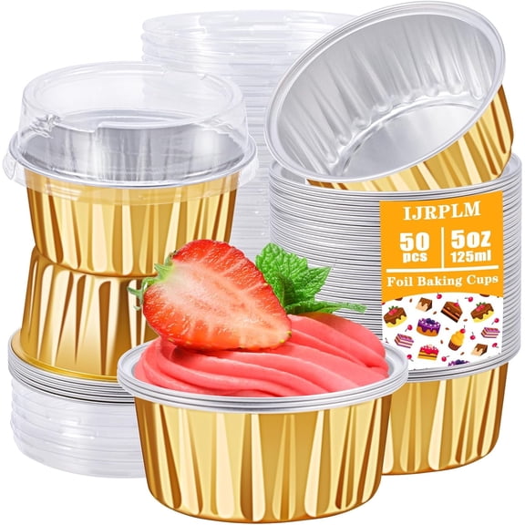 50pcs 5oz 125ml Muffin Liners Cups with Lids (gold),50 Pack Baking Cups with Lids,5oz Aluminum Foil Cupcake Cups Muffin Liners, Standard size