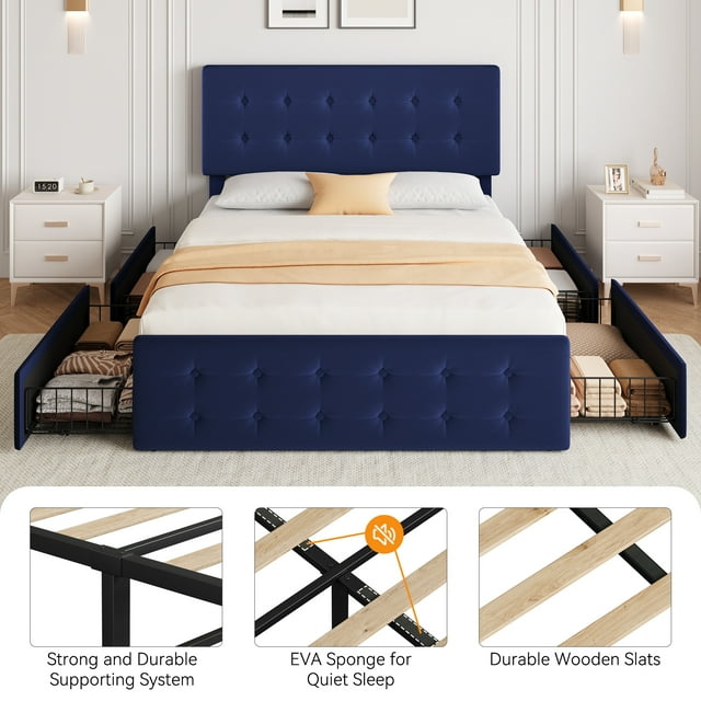 YUSAZENS Queen Size Bed Frame with 4 Storage Drawers and Headboard, Linen Upholstered Platform Bed Frame with Wooden Slats Support, No Box Spring Needed,Blue