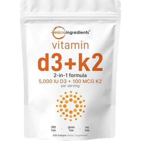 Micro Ingredients Vitamin D3 5000iu with K2(MK-7) 100mcg, 300 Softgels