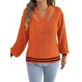 thumbnail image 3 of Women Vintage Knit V-Neck Hollow Contrast Stripe Lantern Long Sleeve Loose Knit Pullover Sweater Orange XL, 3 of 10