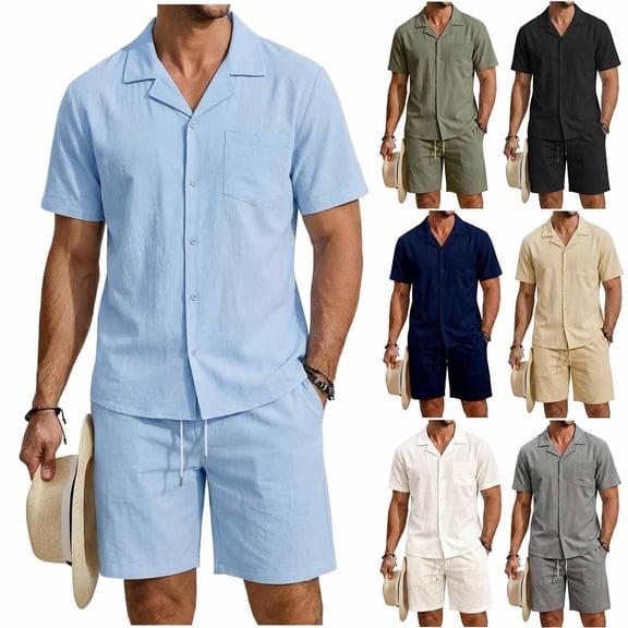 YanHoo Men's Casual Sets 2 Piece Short Sleeve Button Down Shirts Matching Solid Color Shorts Summer Beach Vacation Outfits