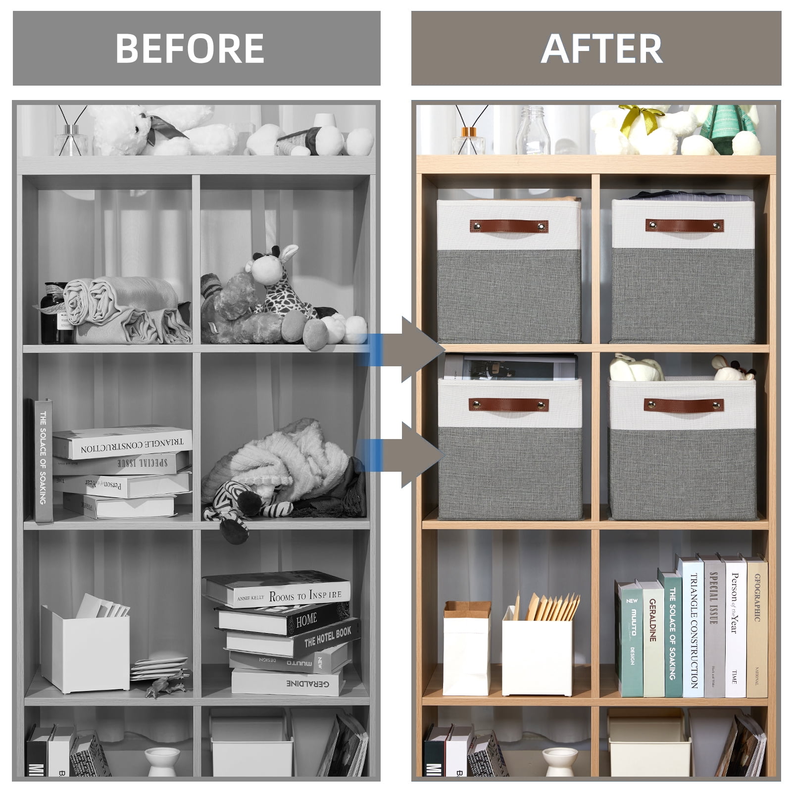 ANLEM 11x11 Fabric Cube Storage Bins, Set of 4, Foldable Storage Cube Bin Baskets for Shelves with Handles, Bins for Cube Organizer Home Toy Nursery Closet(White Gray)