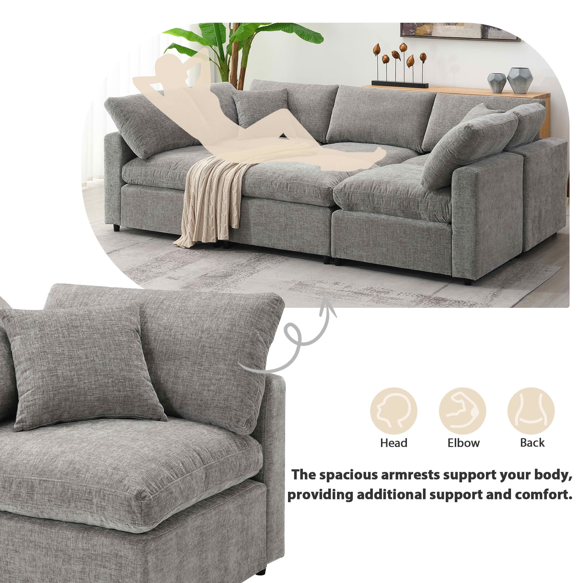 MAYEERTY 130x65" Modular Cloud Sofa Bed - 6-Seat Chenille, Convertible U-Shaped with Ottoman