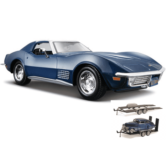 Diecast Car & Trailer Package - 1970 Chevy Corvette T-Top, Blue - Maisto 31202 - 1/24 Scale Diecast Model Toy Car w/Trailer