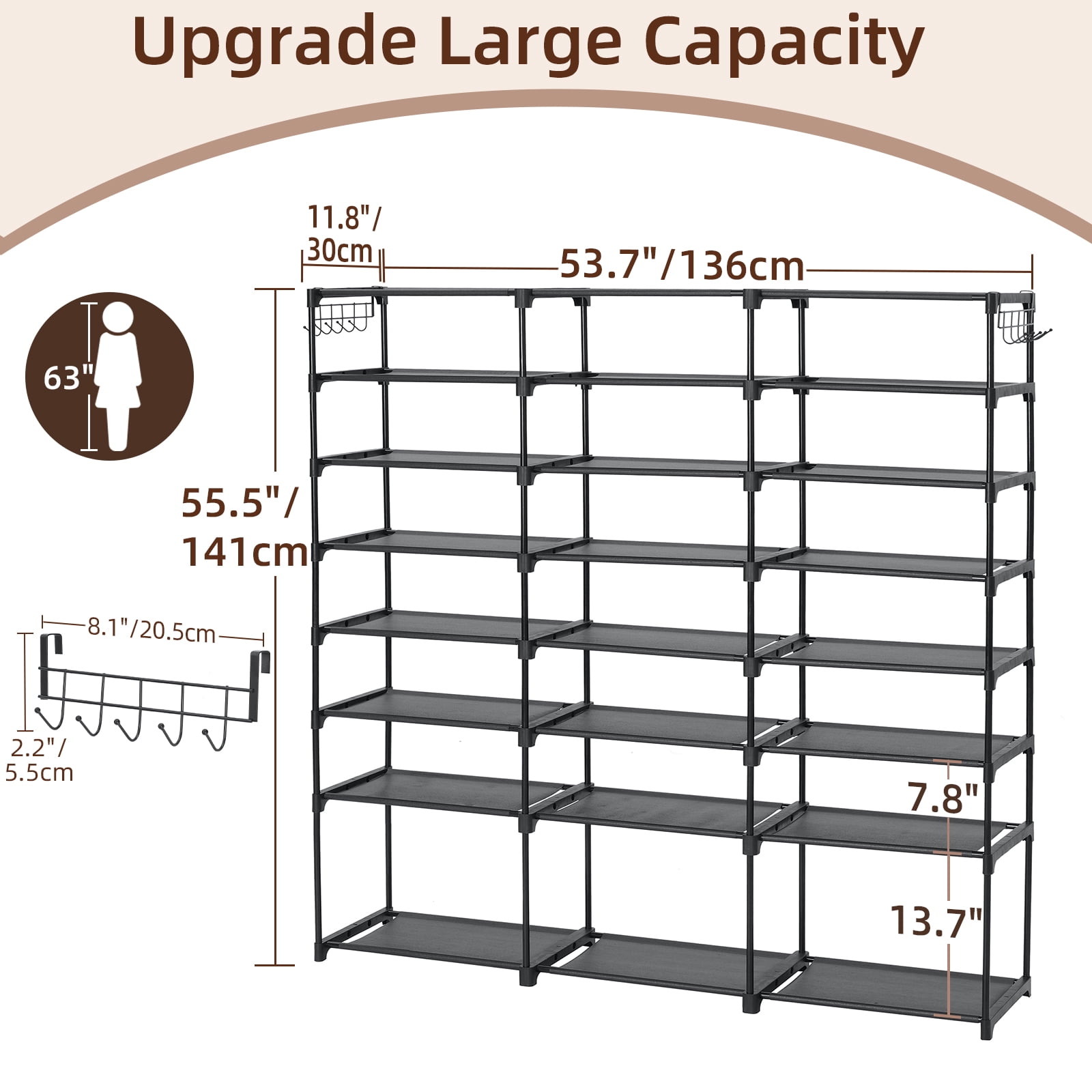 8-Tier Shoe Organizer HONEIER 48 Pairs Large Shoe Rack with 2 Hook Rack, Stackable Shoe Storage Cabinet for Shoe & Boots, Shoe Shelf for Closet, Entryway, Bedroom, Garage, Black