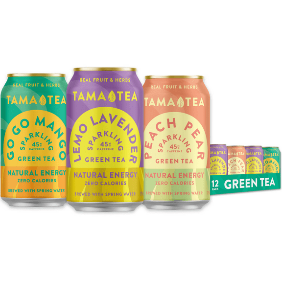 Sparkling Green Tea Variety Pack by Tama Tea - Made with Real Fruit & Herbs - Zero Sugar, Zero Calories, Non-GMO - Naturally Energizing Green Tea High in Antioxidants & Nootropics - Pack of 12