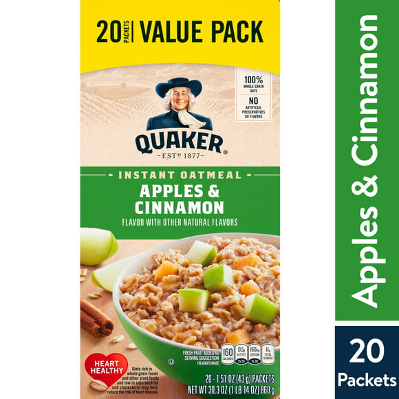 Quaker, Instant Oatmeal, Apple & Cinnamon, 1.51 oz, 20 Packets