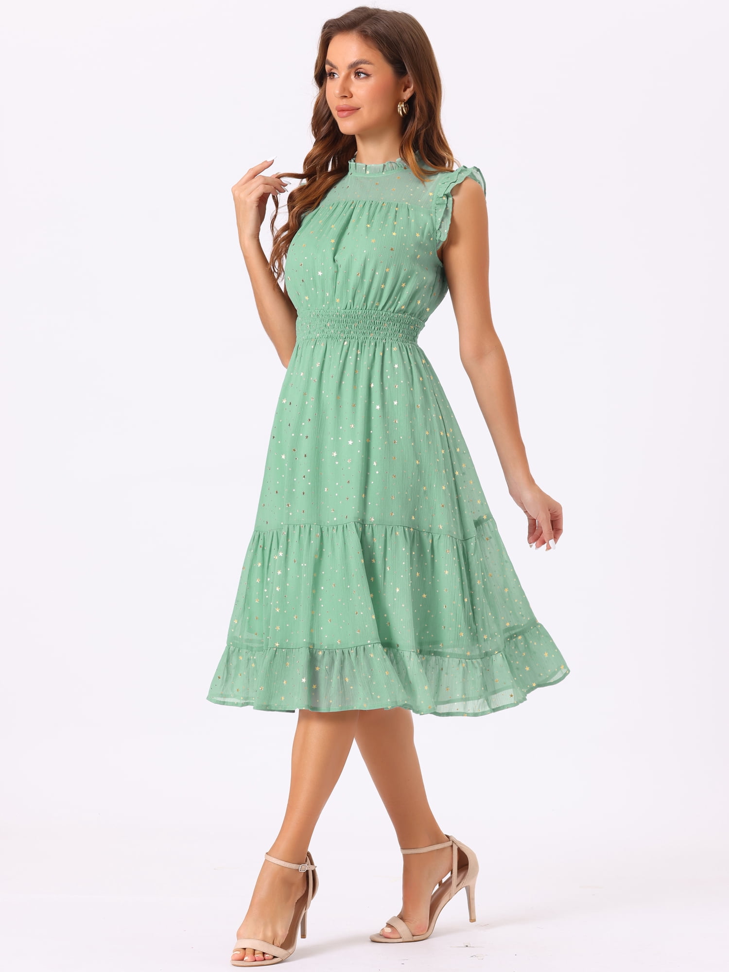 DARING DIVA Smocked Waist Gilding Metallic Stars Chiffon Dress M Green