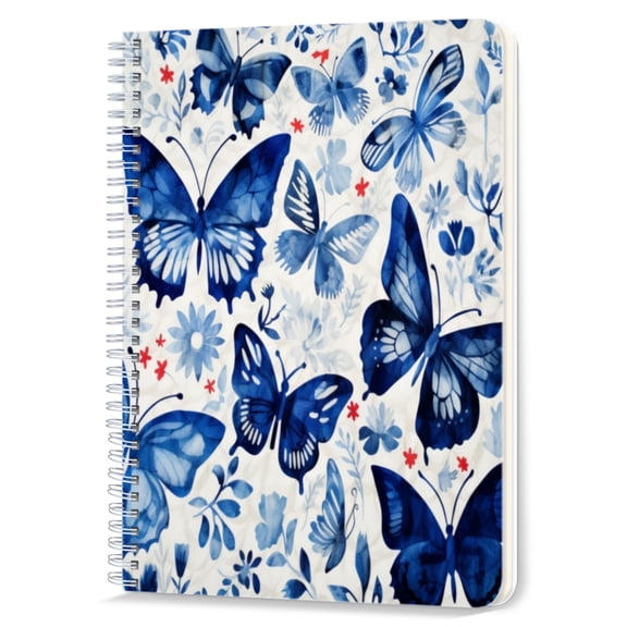 Spiral Notebook,Double-Wire Spiral College Lined Journal Notebook for Study and Notes,100 Pages,5.71x 8.26 in - Blue - and - white Butterfly and Floral Pattern