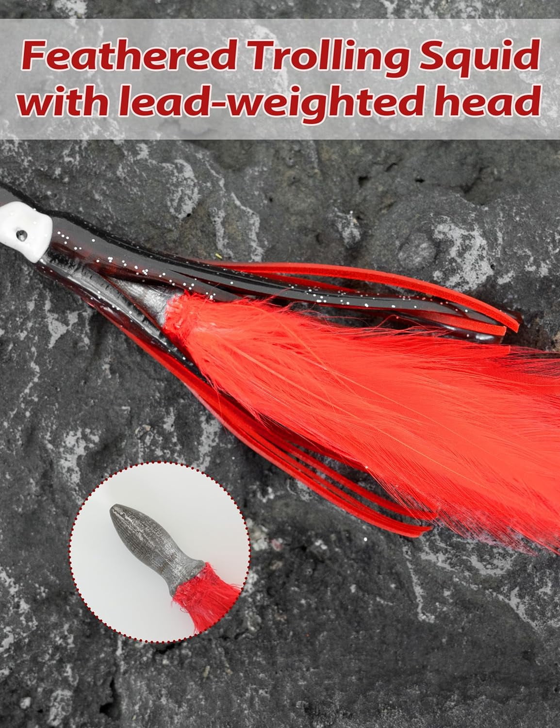 BLUEWING Tuna Feather Daisy Chain Squid Chain Fishing Teaser Lure with 6in Feathered Trolling Squids and Stainless Steel Trolling Hook Big Game Trolling Lure for Tuna Mahi Wahoo Marlin, Black/Red