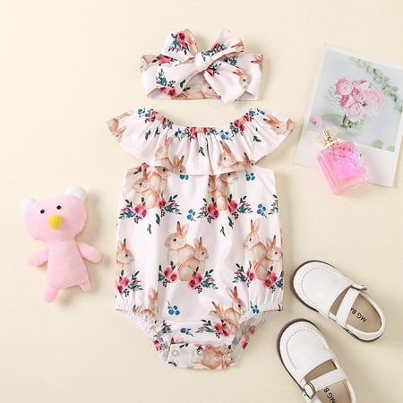 

Mackneog Infant Baby Girls Easter Day Bunny Printed Bodysuit Romper Headbands Sets Summer Gift
