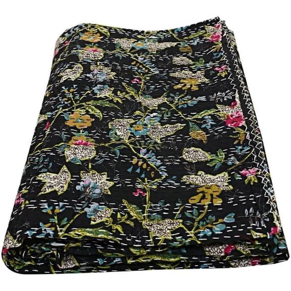 Handwoven Pure Cotton Kantha Quilt , Bedspread , Throw Blanket Size ( Queen 90" x 108" )