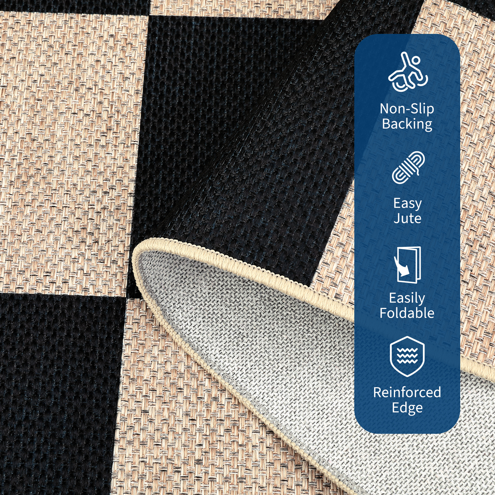 Hasoo Easy Jute Checker Runner Washable 2' x 6' Throw Rug for Hallway Enterway Neutral Indoor/Outdoor Black/White Carpet