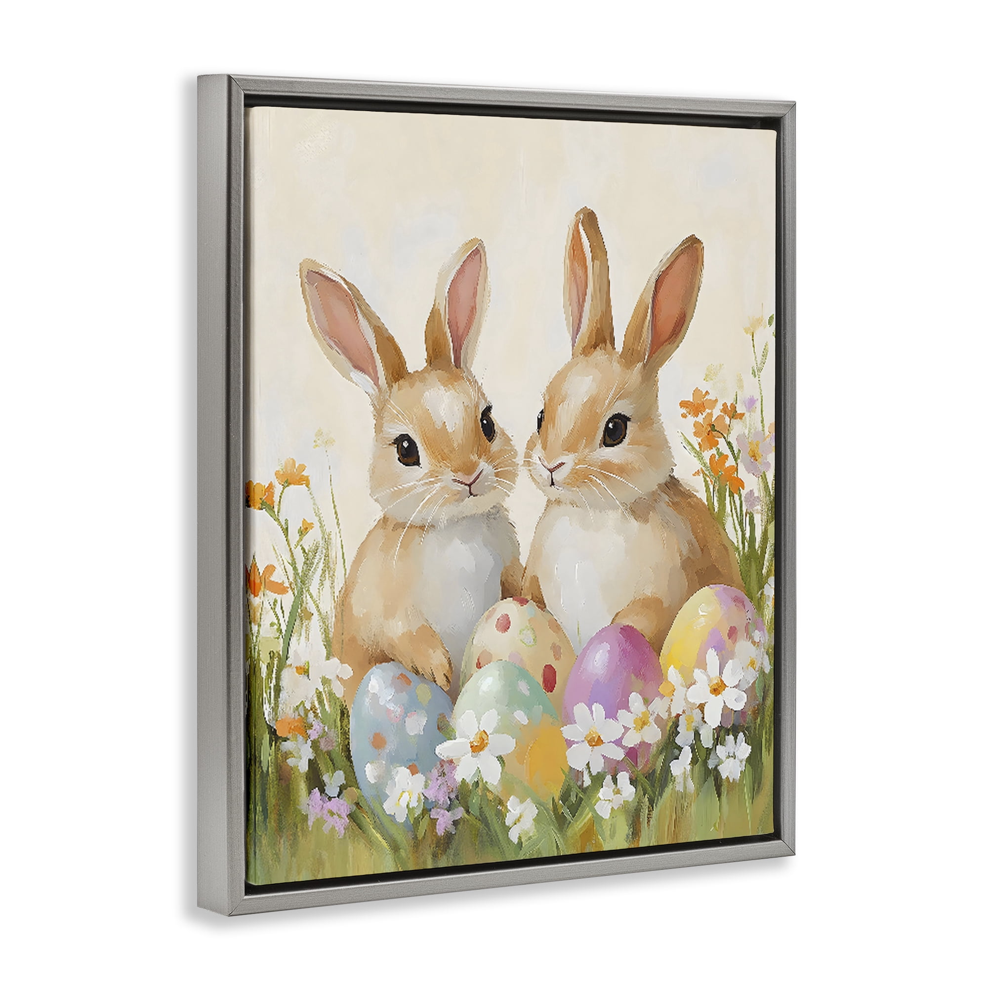 Stupell Industries Bunnies with Painted Easter Eggs Gray Framed Floater Canvas Wall Art, design by The Prints Vibe