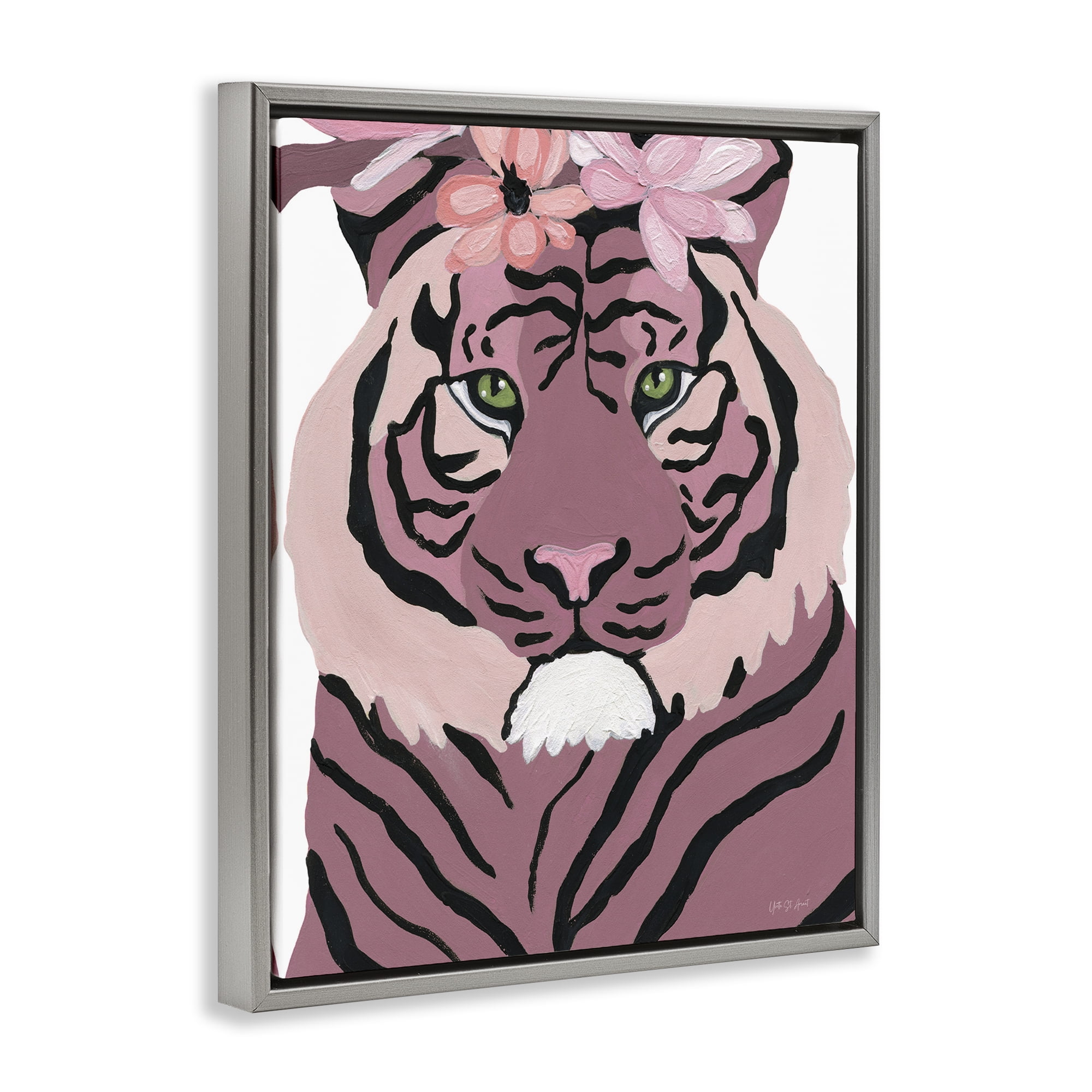 Stupell Industries Tiger with Pink Blooms Animals & Insects Painting Gray Floater Framed Canvas Art Print Wall Art, 17 x 21