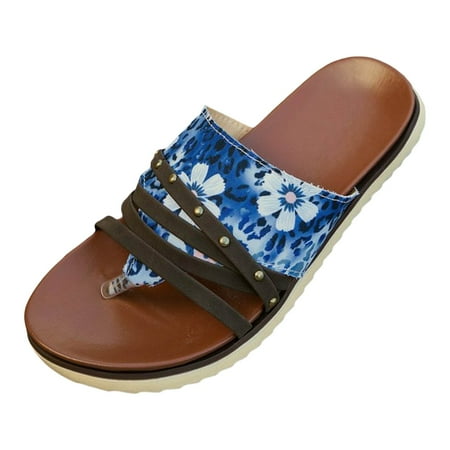 

WEAIXIMIUNG Retro Strappy Sandals for Women Color Blocked Flip Flops Beach Slippers Sandals Women Comfortable Dressy Wedge 2024 39 Blue