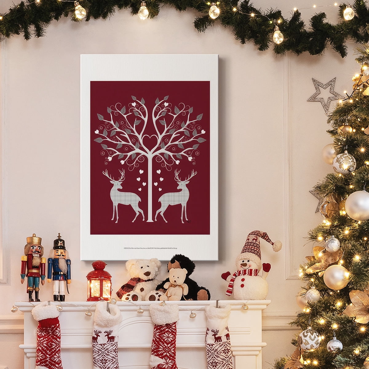 Christmas Des - Deer and Heart Tree, Grey on Red- Gallery Wrapped Canvas