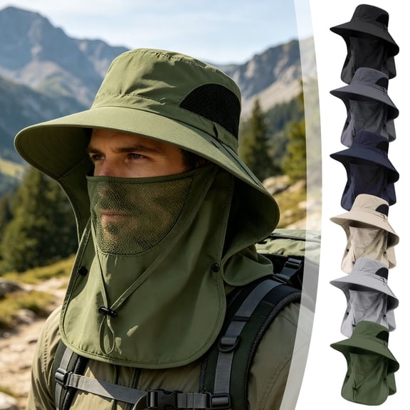 Wide Brim Boonie Sun Hat with Removable Face & Neck Flap, Full Coverage Breathable Mesh Cap, Lightweight Headwear for Hiking, Fishing, Camping and Garden Outdoor Activities