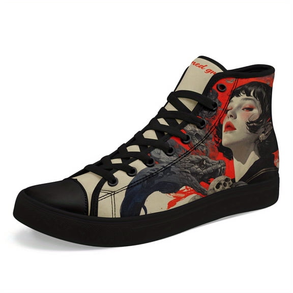 Coolcustomize Men's Gothic Art High Top Sneakers - Mysterious Femme & Serpent Personalize Design, Black & Red, Lace-Up Casual Shoes for Streetwear, Daily Wear & Sports, Casual Boots | Gothic Sneakers