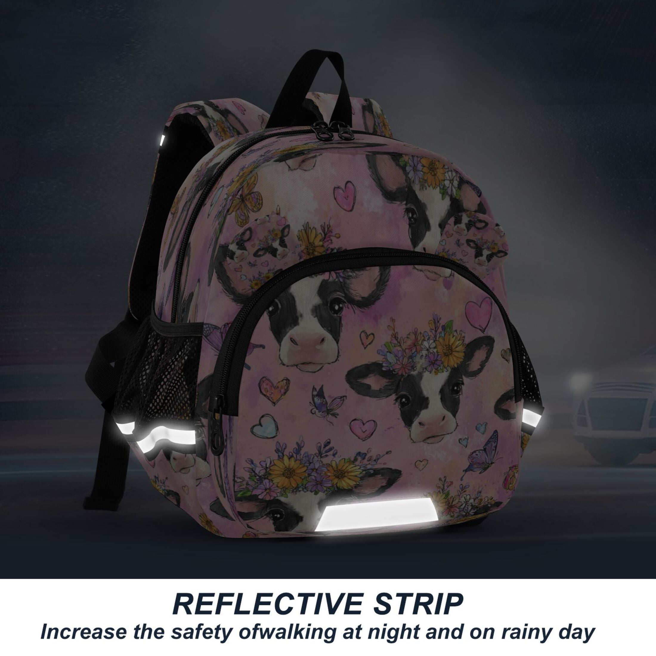 RMDQTR Adorable Ear-Print Backpack with Reflective Strip and Anti-Lost Leash Adjustable Shoulder Straps Mini Travel Backpack Beautiful Cows with Flowers