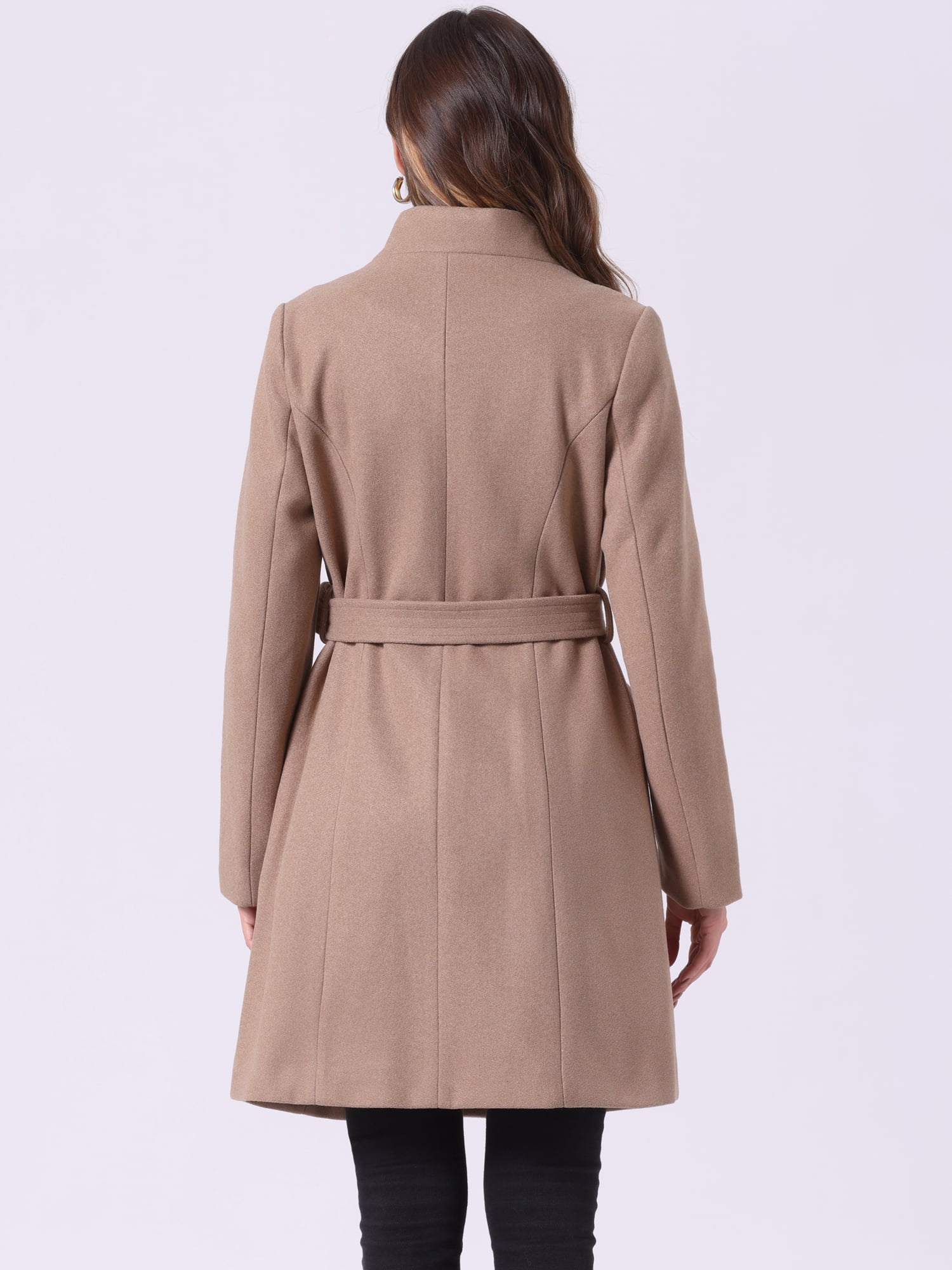 DARING DIVA Women's Vintage Belted Coat Stand Collar Winter Outwear Coats Dark Beige L