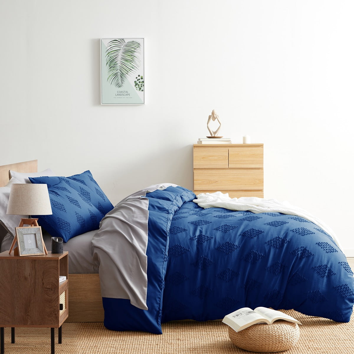 Nestl Boho 3 Piece Duvet Cover Set, Tufted Embroidery Double Brushed Duvet Cover with Button Closure with 2 Pillow Shams, Queen (90"x90") - Navy