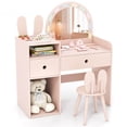 thumbnail image 1 of Costway Princess Bunny Makeup Table with Lighted Mirror, Open Shelves and Storage Drawers Pink, 1 of 10
