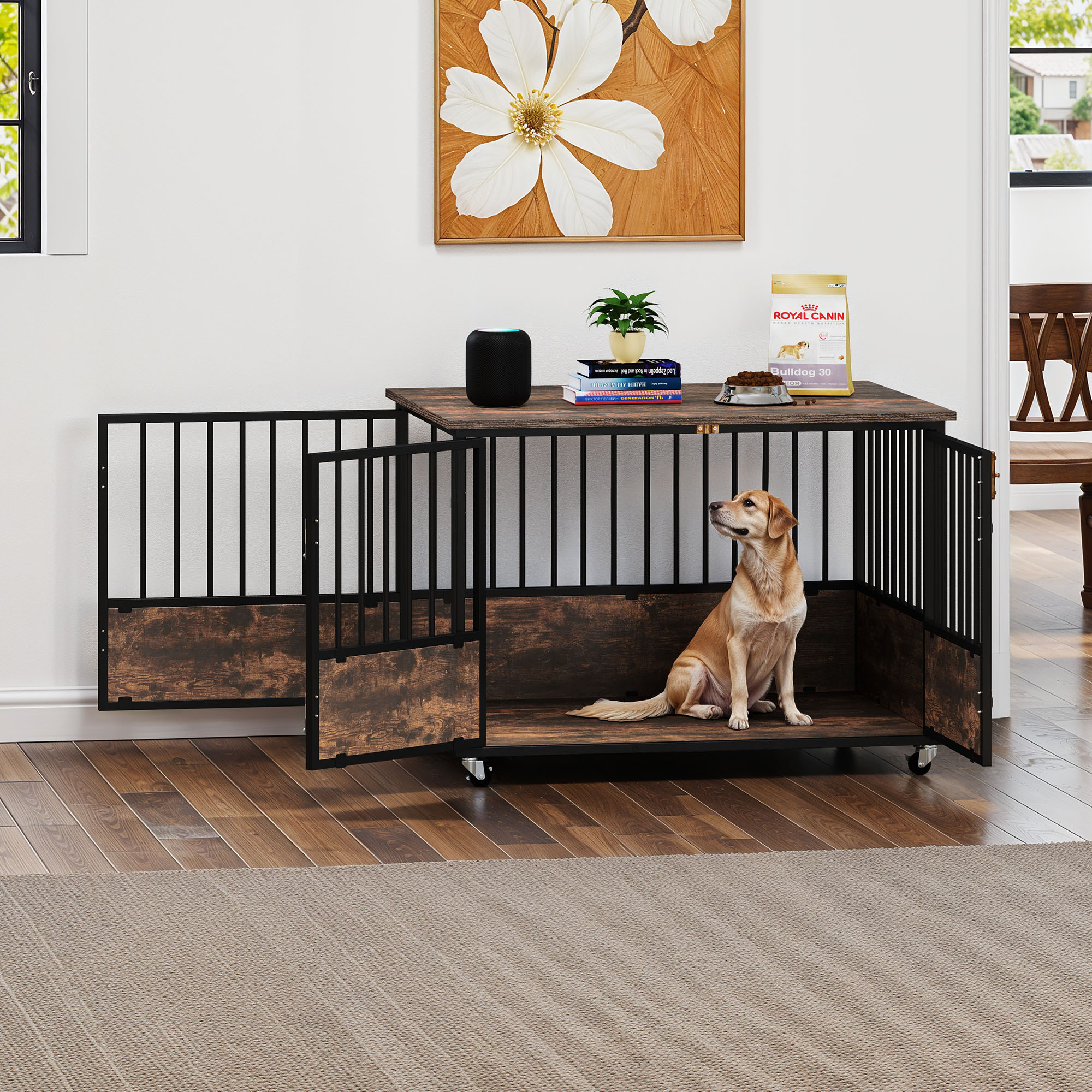 Uforic 43" Rustic Brown Dog Crate Furniture with Wheels, Double-Door Kennel for Small/Medium/Large Dogs, Escape-Proof Indoor Pet Cage, Wooden End Table