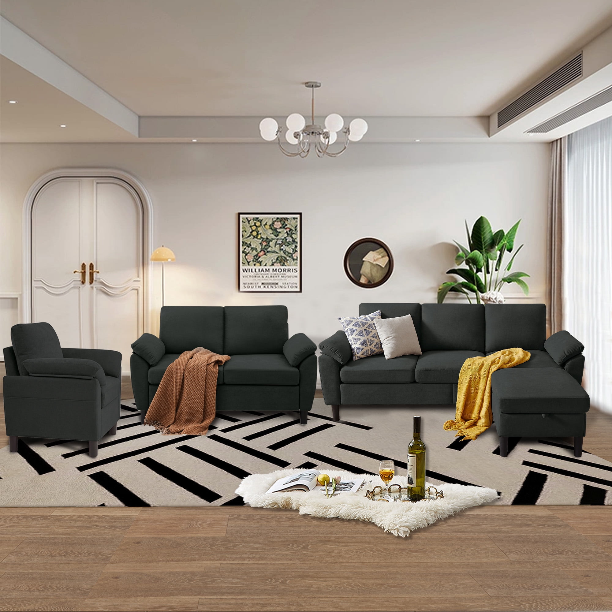 Jarenie Chireca 4 Piece Convertible Sectional Sofa Set, Modern Linen Small L Shaped Couch with Reversible Chaise, 3-Seater Sofa & Loveseat & Armchair for Living Room, Office, Apartment, Black