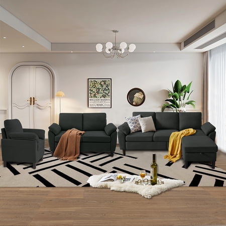 Soscana Living Room 3 Piece Sofa Set,Sectional Sofa Couch with Storage Ottoman and Storage Pockets, L Shaped 3 Seater Couch with Reversible Ottoman Loveseat Accent Chair, Living Room Furniture Set