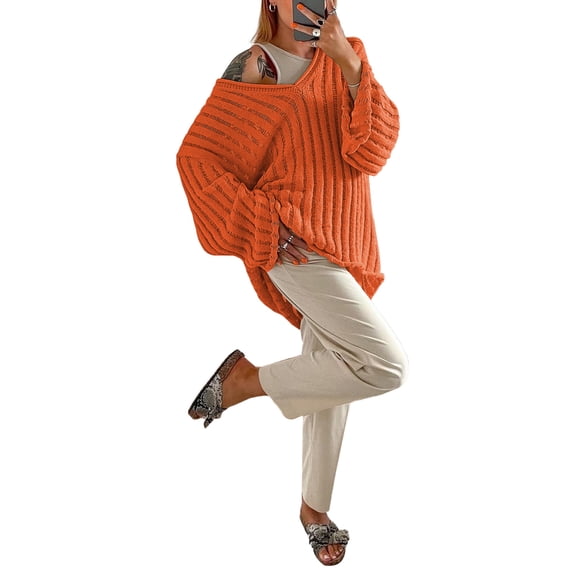 SAYOO Women Spring Autumn Loose Knitwear, Solid Color Knitting Ribbed Long Sleeve V-Neck Fashion Casual Sweater Tops