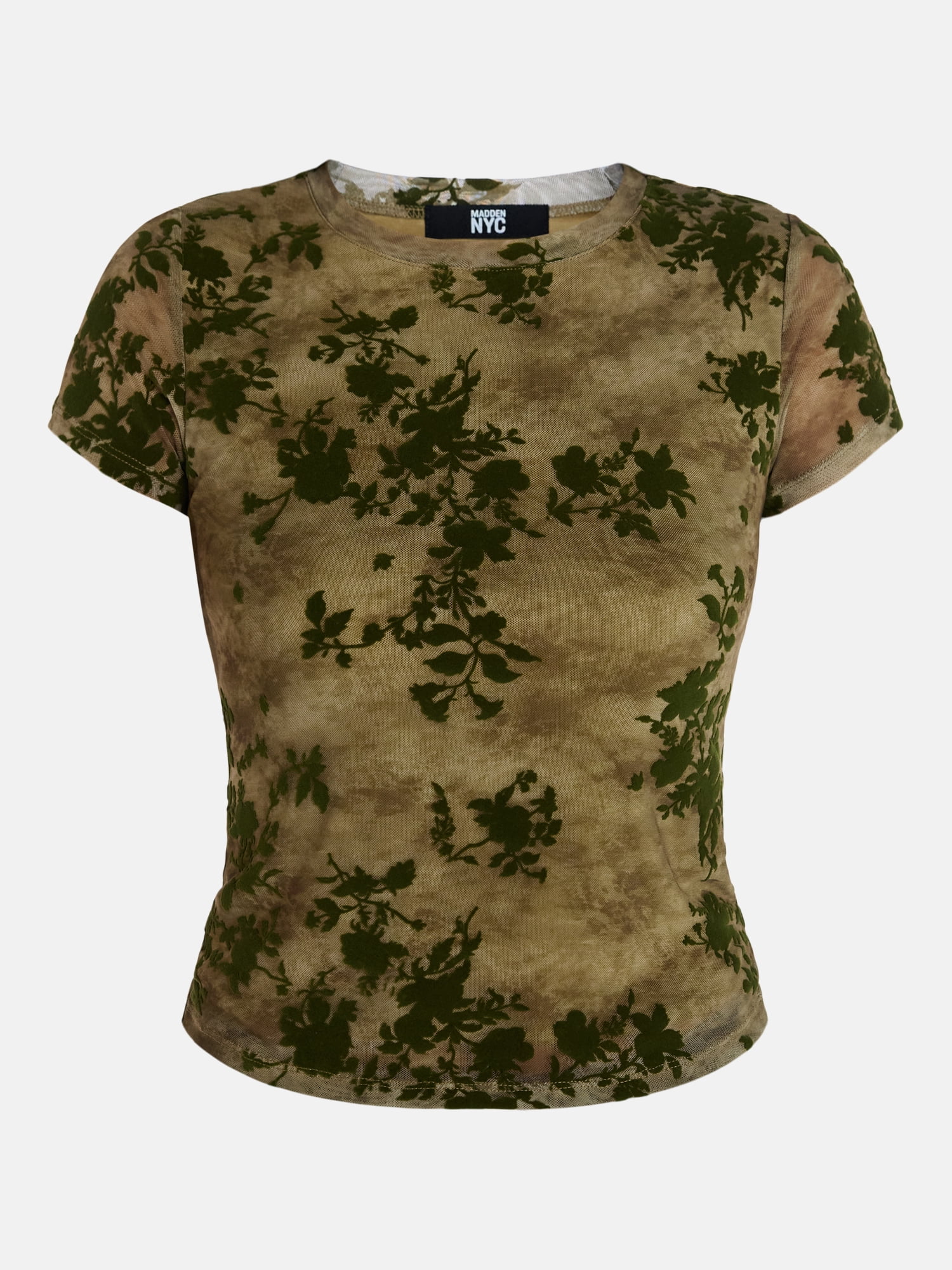 Madden NYC Women’s Flocked Floral Mesh Crewneck Tee with Short Sleeves, Sizes XXS-XXL