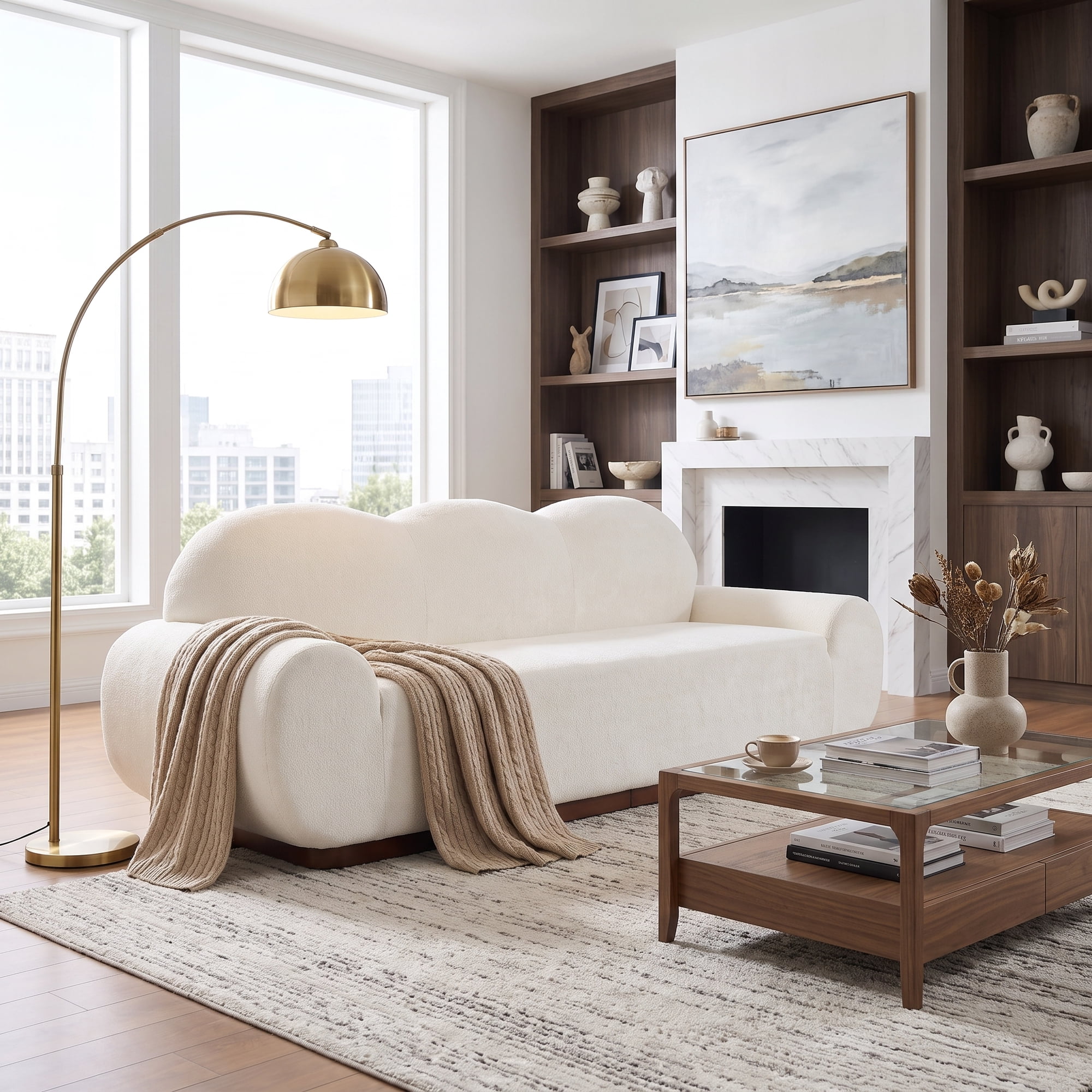 The Sanctuary 88 In. Round Arm Cloud Curved 3 Seater Modern Upholstered Chenille Sofa Cushions Couch For Living Room White