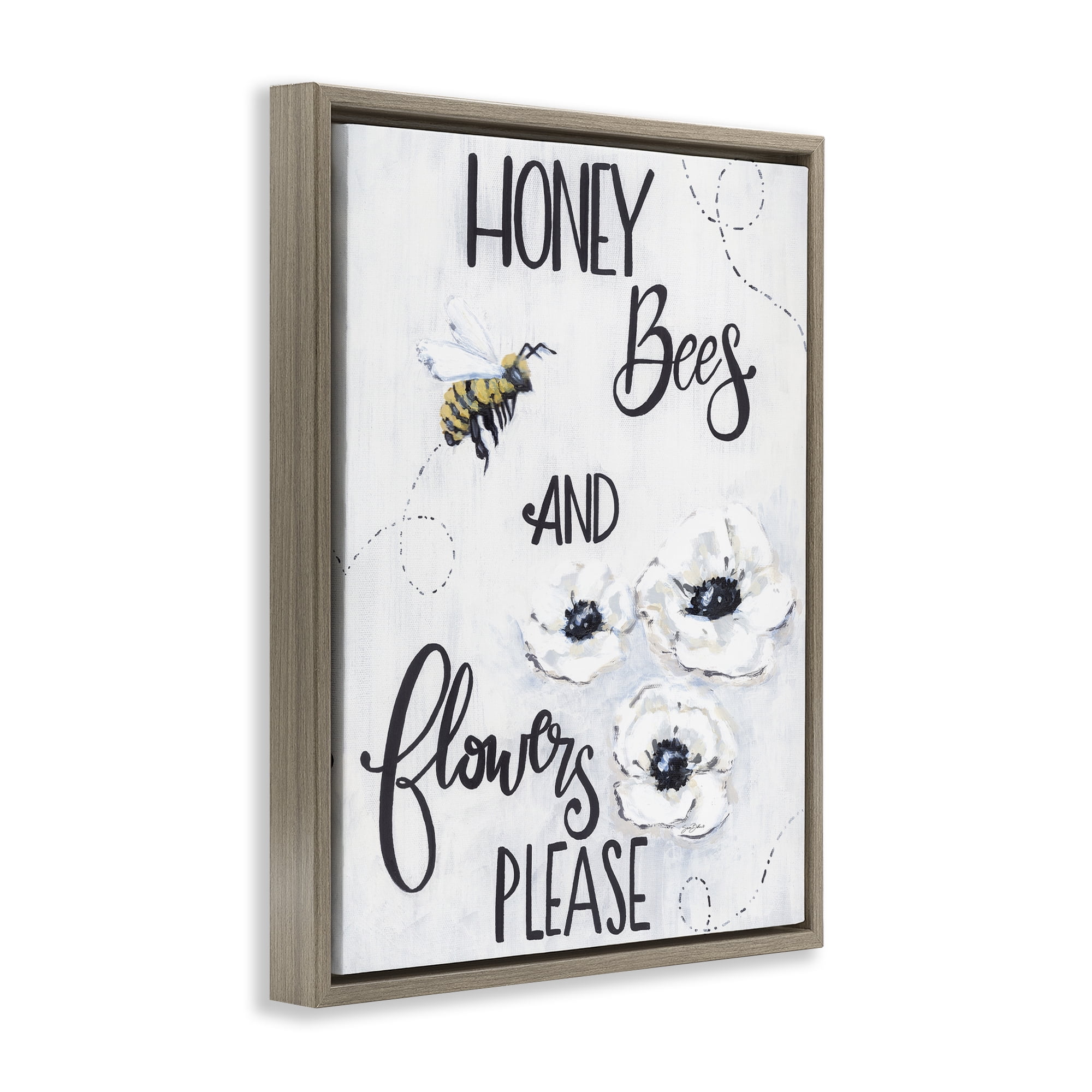 Stupell Industries Garden Bees & Flowers Please Brown Framed Floater Canvas Wall Art, design by Sara Baker