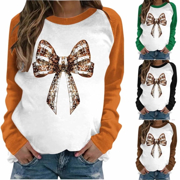 Jinhomg Trendy Fall Sweatshirts for Women Cute Bowtie Graphic Lounge Tops Plus Size Casual Comfy Long Raglan Sleeve Pullovers Black XXXL