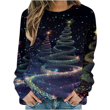 asdoklhq Christmas Sweatshirts for Women s Christmas Bright Colorful Christmas Tree Round Neck Print Loose Sweatshirt Long Sleeve No-Cap Sweatshirt Top Multicolor M