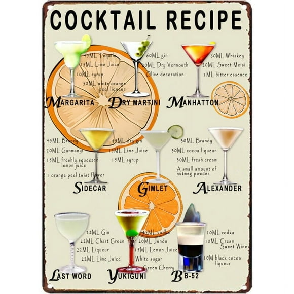 Size: 16" x 12" - Classic Cocktail Recipes Tin Signs Bar Signs for Home Bar Kitchen Wall Decor